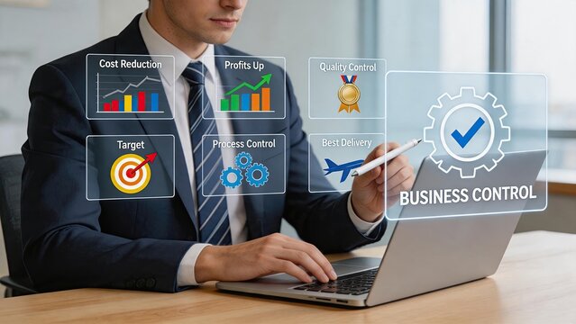 Business control dashboard displaying cost reduction, profits up, quality control, target achievement, process optimization, and best delivery metrics for strategic management and