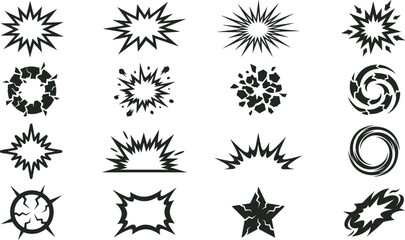 Collection of black and white explosion and impact featuring comic style bursts, cracks, and circular motion effects © Md