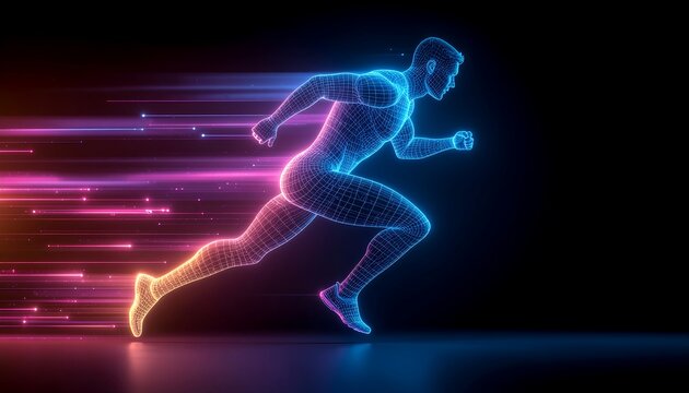 Neon glowing silhouette of a runner sprinting with speed motion light trails.