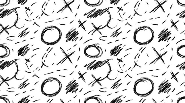 Seamless pattern of hand drawn scribbles, circles, and crosses in black ink on a white background
