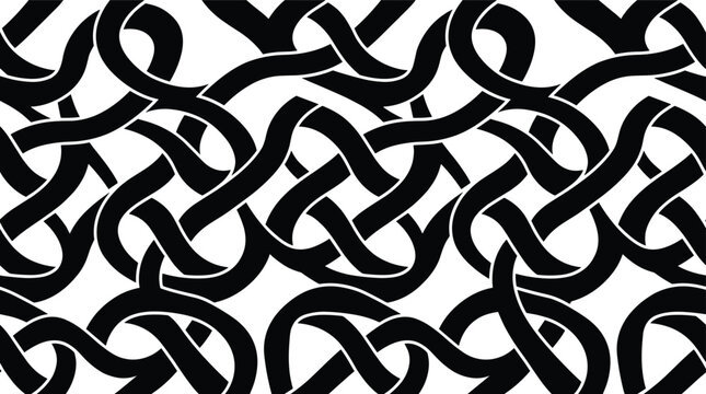 Seamless pattern featuring interlocking black celtic knotwork lines on a white background, for textile and wallpaper