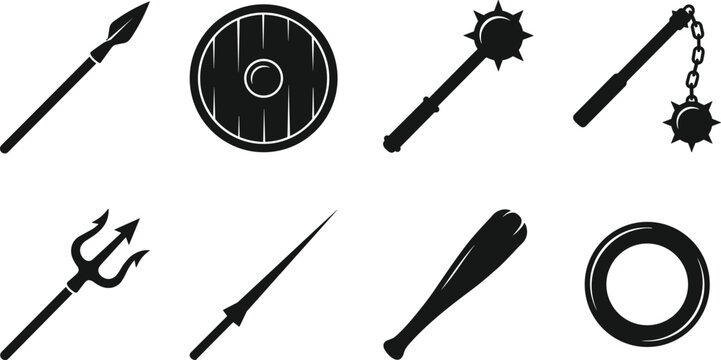 Set of eight black silhouette representing medieval including spears, shields, maces, and flails on a white background