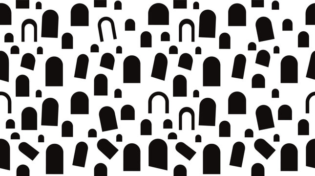 Seamless pattern of scattered black arch shapes and rounded rectangles on a white background, for surface