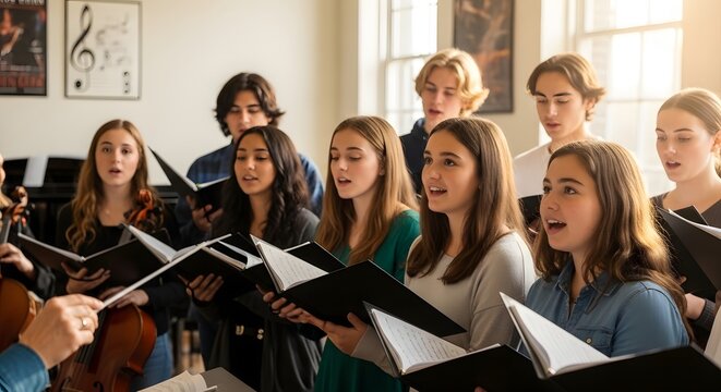 Side View of Female Vocal Choir Rehearsing Together in High School Music Hall