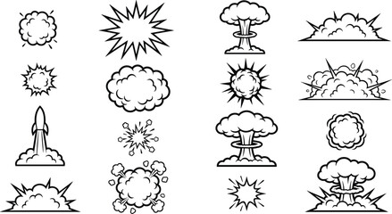 Collection of black and white comic book style explosion and mushroom cloud isolated on a white background © Md