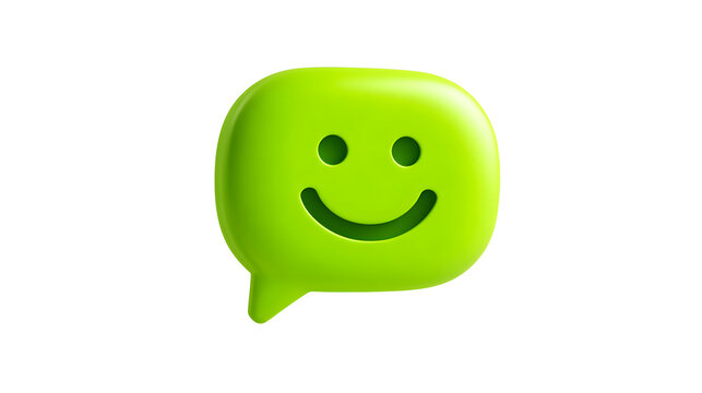 A vibrant green smiley face speech bubble representing positive feedback and customer satisfaction, minimalist 3D icon, clean white background