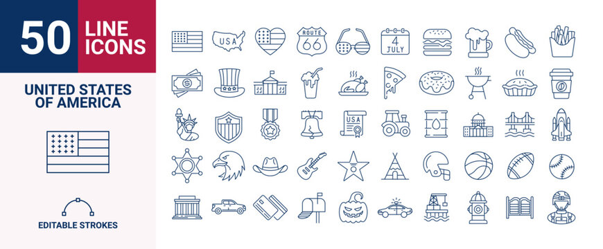 United States line icons set vector editable stroke American culture symbols collection