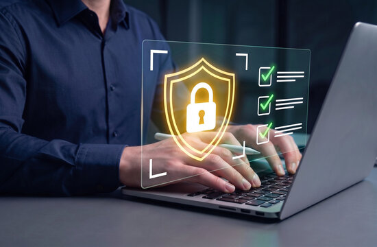 comprehensive cybersecurity data protection and compliance management on secure laptop interface with digital shield and lock icon for privacy protection risk control information security governance