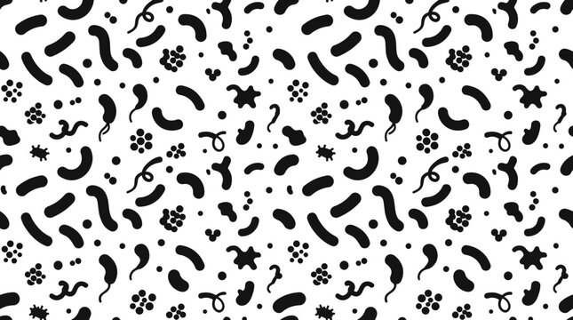 Seamless pattern featuring microscopic bacteria and viruses in black and white colors for biological science backgrounds