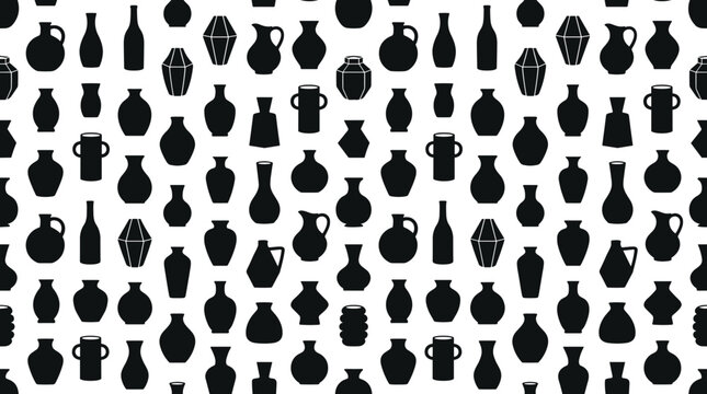 Seamless pattern featuring various black silhouettes of ceramic vases and pottery vessels on a white background