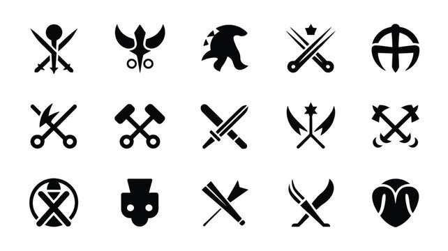 Traditional warrior clan symbols featuring crossed weapons masks and decorative elements.