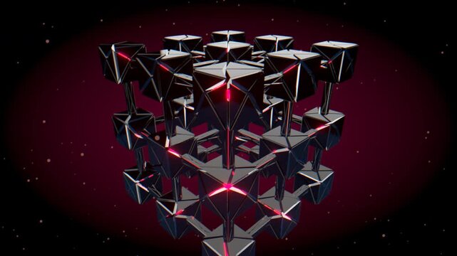 Seamless 360 degree orbital view of a glowing red cryptographic data network