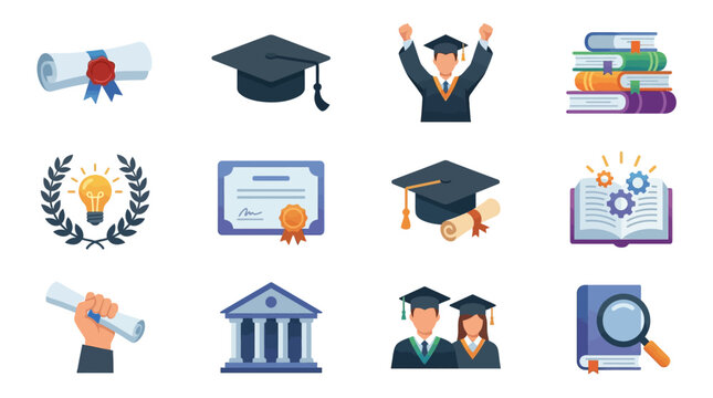 Graduation icons and education symbols.