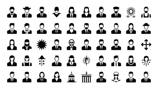 Extensive collection of diverse human avatars and miscellaneous graphic design symbols.
