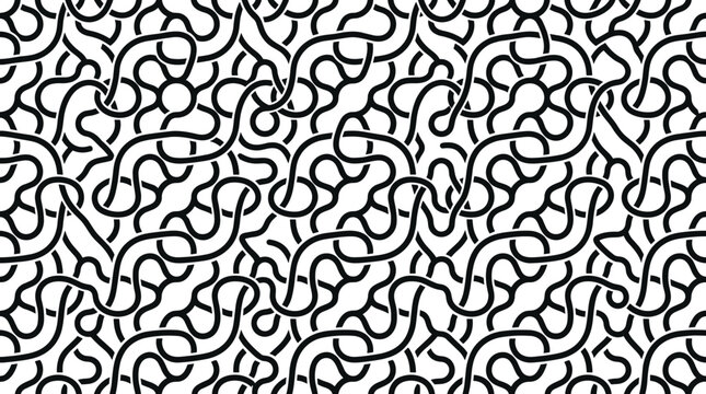 Seamless pattern of interlocking black lines and rounded loops on a white background