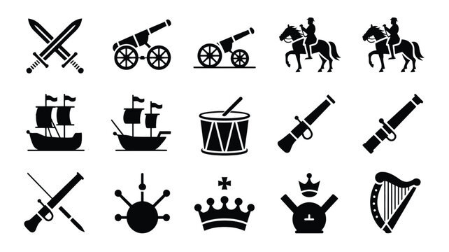 Historical warfare icons set featuring medieval swords cannons naval ships and royal crown.