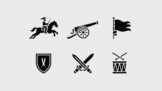 Simple military icons showing horse rider cannon flag shield crossed swords and army drum.