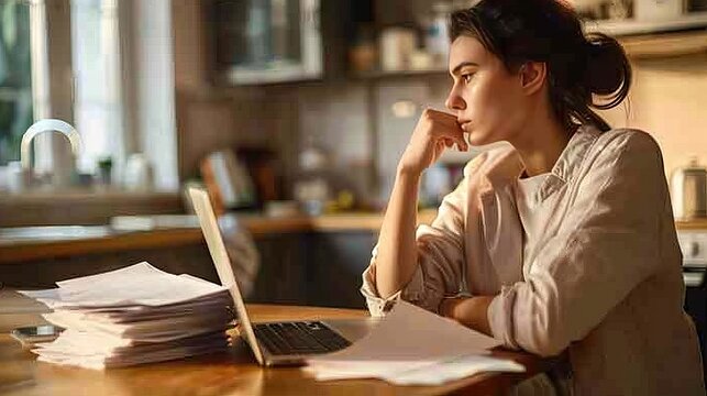 Young woman with dark hair sitting at wooden table, thoughtfully looking at laptop screen surrounded by stacks of papers in a cozy kitchen setting