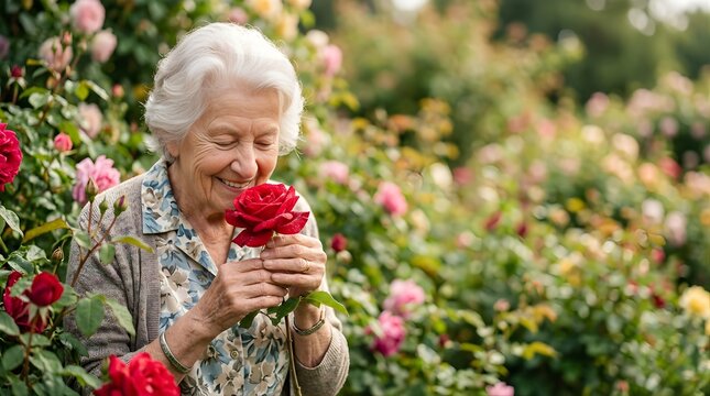 Smiling senior woman smelling a red rose in a sunny summer garden