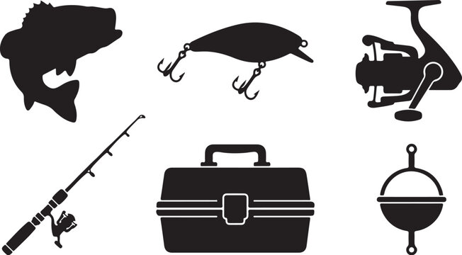 Fishing icons, black silhouette set, fishing tackle, 6 pcs, vector graphics