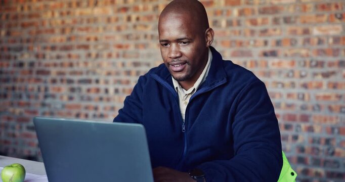 Building, laptop and reading with black man on construction site for planning or problem solving. Computer, solution and typing with engineer on worksite for architecture or project management