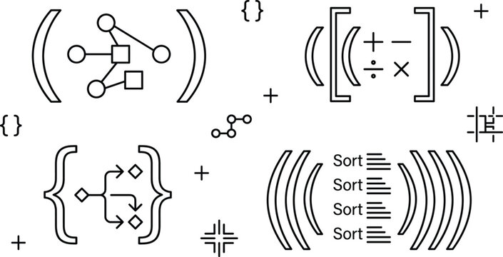 Mathematical algorithm syntax and programming data sorting line icon set with logic brackets formula vectors