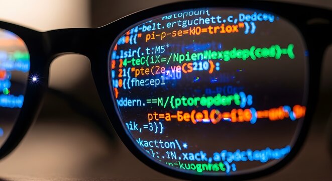 Abstract Computer Programming Code Reflection on Eyeglasses Macro Shot