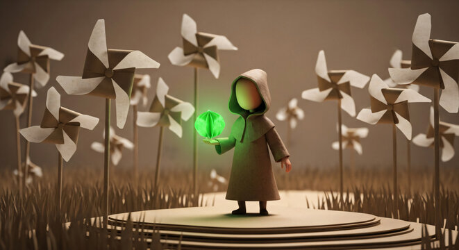 Hooded figure holding glowing green sphere in field of paper pinwheels