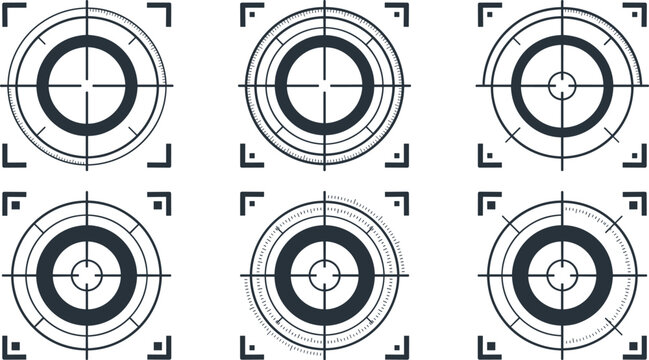 Target and Aim Crosshair Icon Set with Circular HUD Interface Symbols and Camera Focus Sights for Sci-Fi Tech and UI Graphic Designs