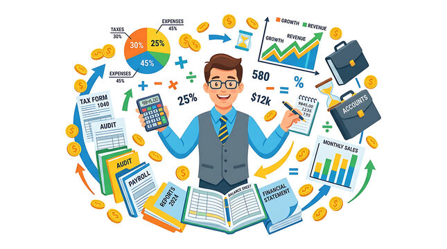 Accountant managing financial reports and tax documents in modern office