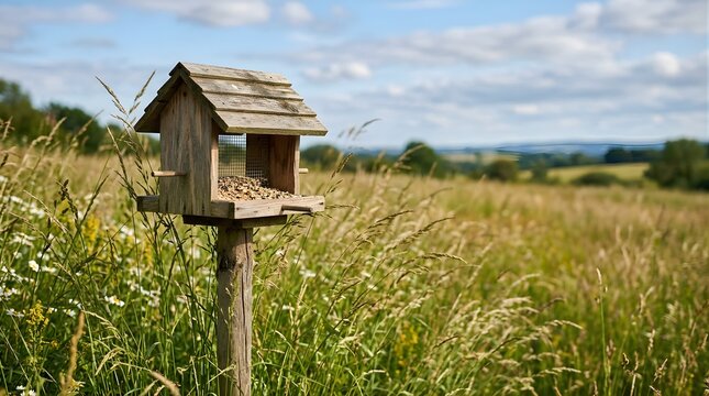 Wooden bird feeder standing in a grassy meadow during a sunny summer day.