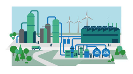 Naklejka premium Green Industrial Facility with Wind Turbines Solar Panels and Clean Energy Pipeline Landscape 