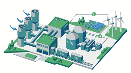 Naklejka premium Isometric Carbon Capture Industrial Plant with Solar Panels Wind Turbines and CO2 Storage 