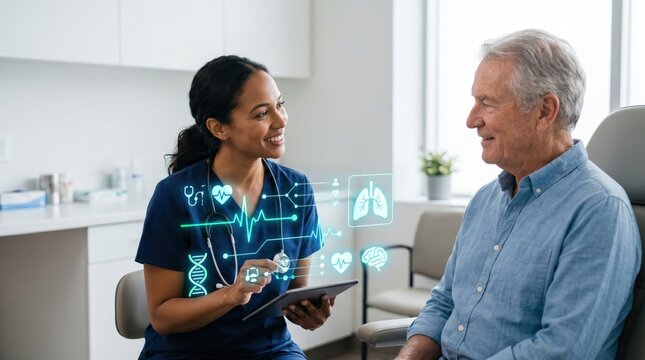 Female doctor using futuristic holographic interface to explain health data to senior patient, digital medical technology concept in modern clinic