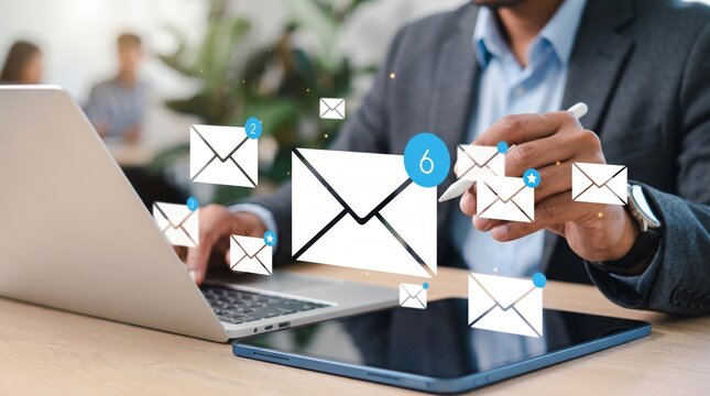 Business professional managing multiple email messages on laptop and tablet with floating icons, corporate communication and digital marketing strategy concept