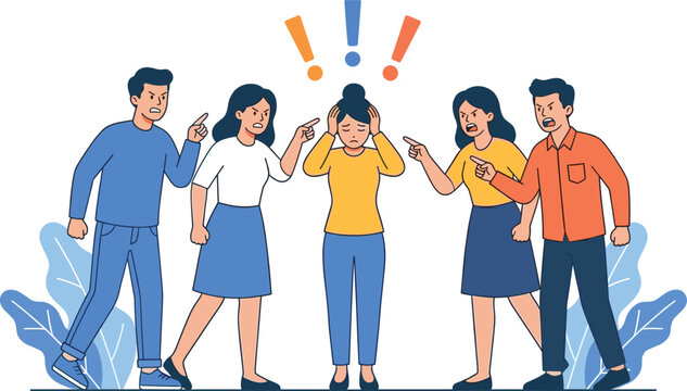 Angry people pointing fingers and blaming a stressed woman surrounded by harsh group judgment and bullying