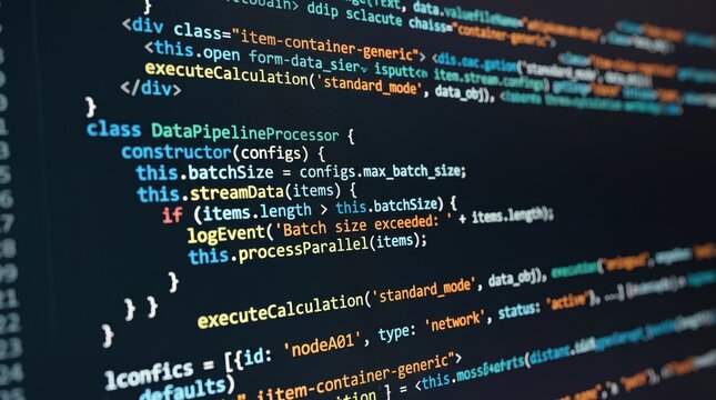 Close up of computer screen showing lines of code, software development concept, data pipeline processor class syntax, backend programming, web application structure