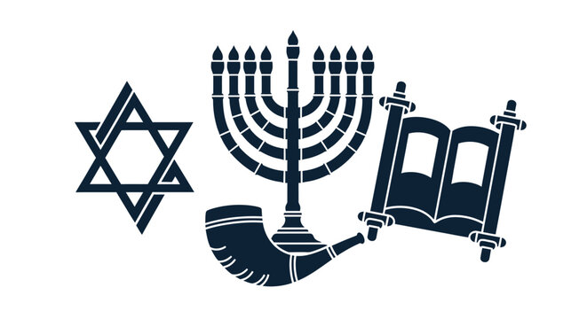 Set of traditional Jewish religious symbols including Star of David Menorah Torah scroll and Shofar.