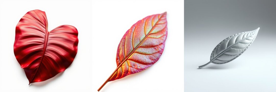 Three leaves presented. Red, reddishbrown, silver colors dominate. Leaves display detailed vein patterns, smooth surfaces. Minimalist composition.