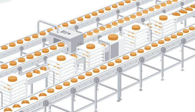 Industrial conveyor belt system transporting metal racks filled with baked pastries and croissants in a factory production line for automated food manufacturing.