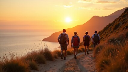 Obraz premium Group of four hikers with backpacks walking along a coastal trail at sunset, ocean and mountains visible in the background, golden light illuminating the scene