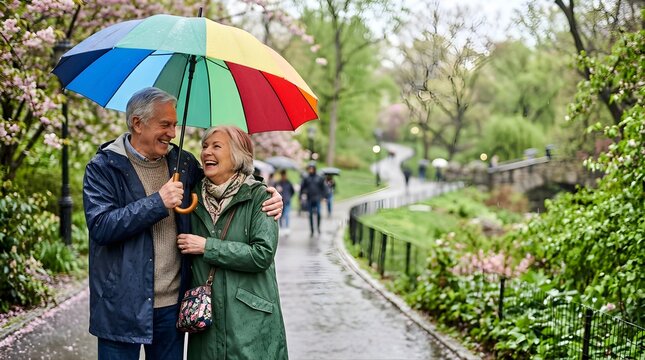 Cheerful senior couple walking under a rainbow umbrella in a rainy park