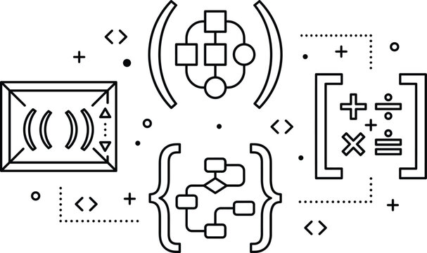 Algorithm flowcharts and programming logic line icon set with mathematical brackets formulas and code vectors