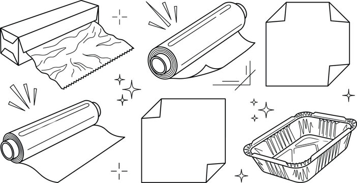 Aluminum foil and kitchen food wrap line icon set with roll container dispenser and textures