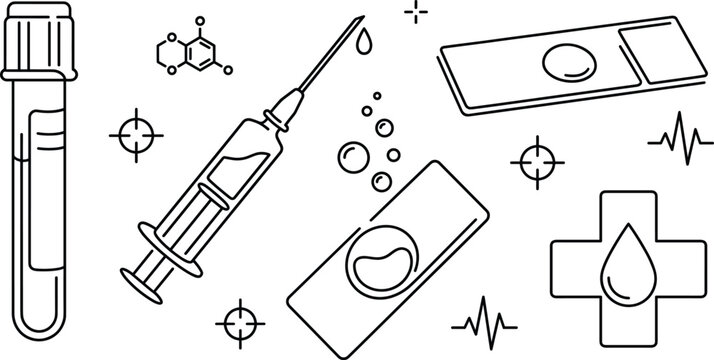 Blood test laboratory and diagnostic medical line icon set with syringe test tube glass slides
