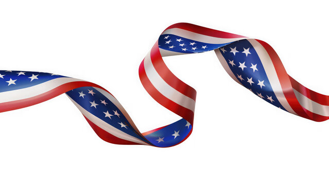 Wavy american flag ribbon with red white and blue pattern isolated on transparent background