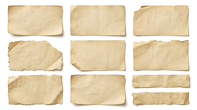 Collection of aged and crumpled beige paper sheets with torn edges arranged neatly together