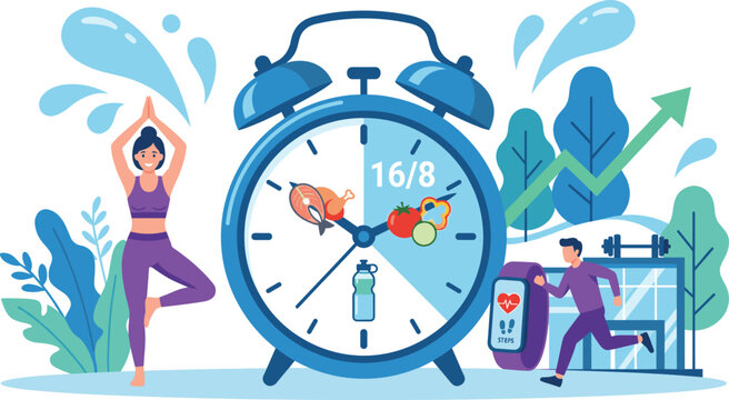 Intermittent fasting 16 8 diet concept with people exercising, tracking steps, and eating healthy food around a big alarm clock