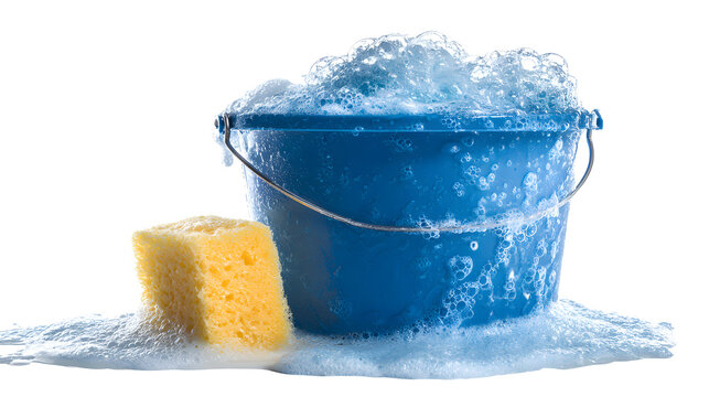 Commercial product photography of Blue Bucket with Soapy Water and Sponge, studio lighting, crisp details, sharp focus, clean white background