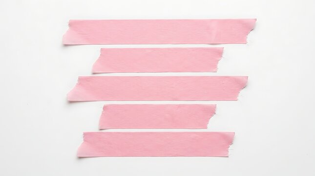 Five pieces of torn pink washi tape arranged in parallel lines on a plain surface